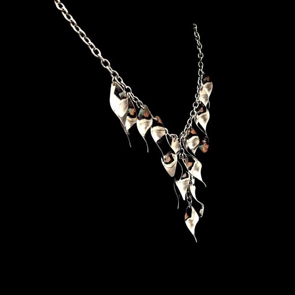 Gunmetal Silver-Tone Metal Waterfall Leaf Pendant Necklace With Chain - Picture 2 of 7